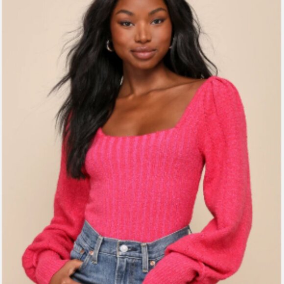 Free People Katie Ribbed Cropped Sweater Pink Balloon Sleeve Pullover L - Picture 3 of 3